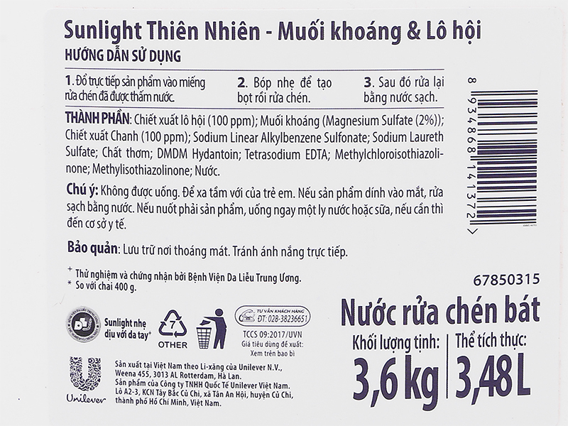 Thành phần của Sunlight Extra thiên nhiên muối khoáng và lô hội Thành phần của Sunlight Extra thiên nhiên muối khoáng và lô hội