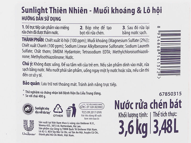 Thành phần của Sunlight Extra thiên nhiên muối khoáng và lô hội