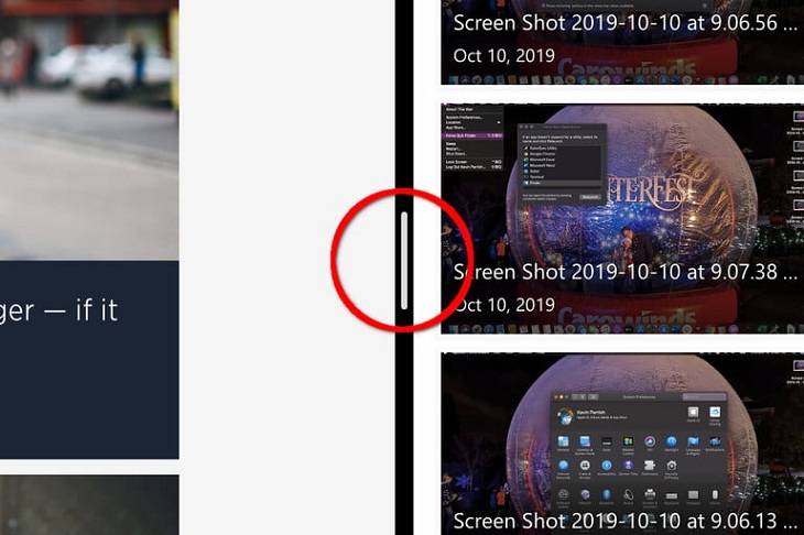 Cách sử dụng chế độ chia màn hình Split View trên MacBook, máy Mac > Nhấn giữ dải phân cách để điều chỉnh độ rộng của màn hình
