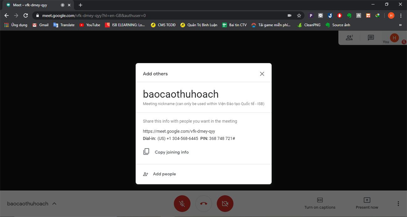 Hướng dẫn cách sử dụng Google Hangouts để hội họp trực tuyến > Sao chép thông tin phòng họp và gửi đến những người mà bạn muốn mời tham gia