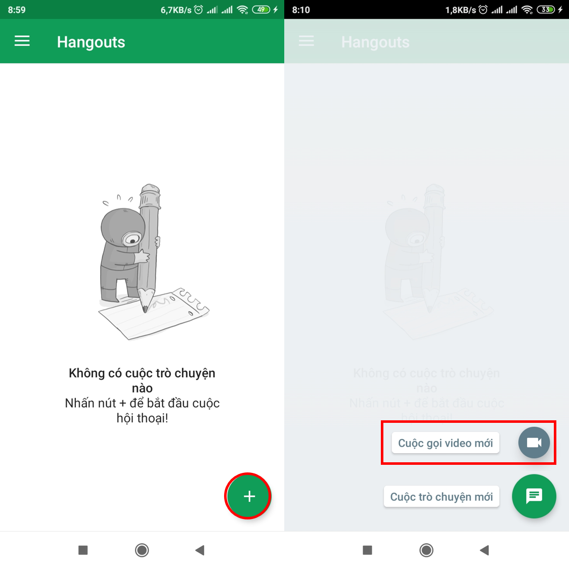 Hướng dẫn cách sử dụng Google Hangouts để hội họp trực tuyến > Bấm vào dấu cộng dưới góc phải màn hình, chọn Cuộc gọi video mới để bắt đầu họp