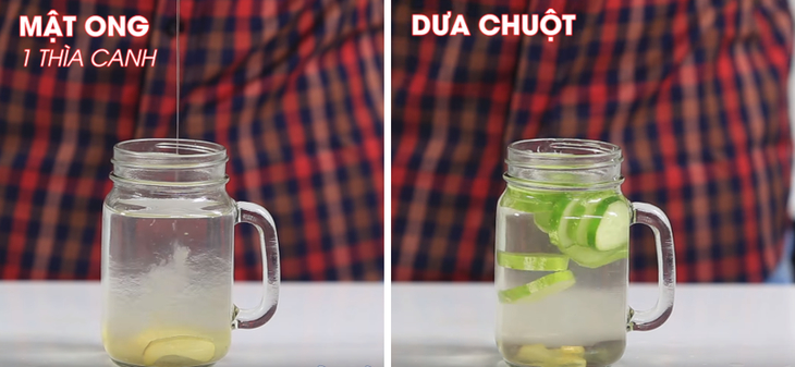 Bước 3 Cho thêm mật ong và dưa chuột vào bình Detox gừng dưa chuột