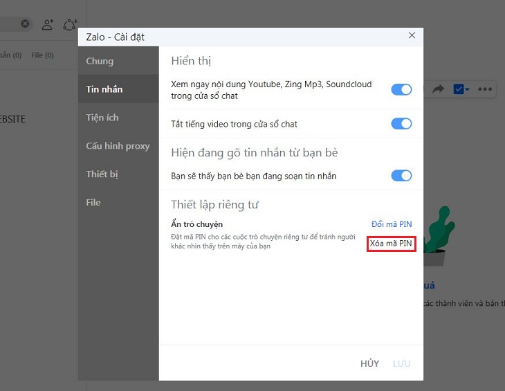 Cách ẩn cuộc trò chuyện trên Zalo PC đơn giản dễ làm > Xóa mã pin