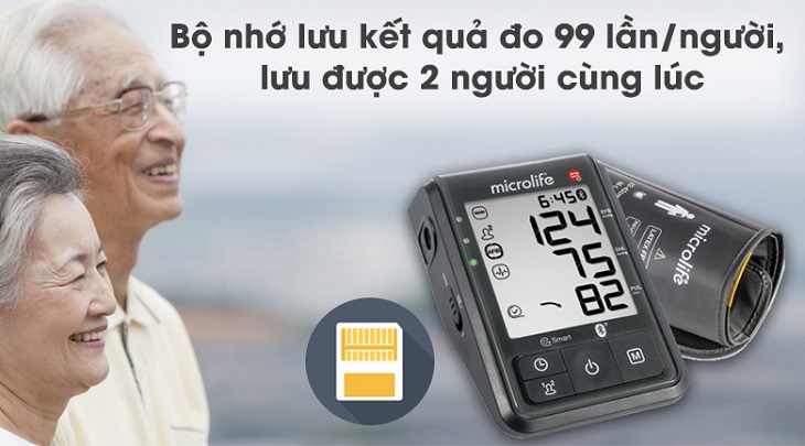 Máy đo huyết áp tự động Microlife B6 Advanced có thể ưu được kết quả của 99 lần/người và lưu được của 2 người cùng lúc