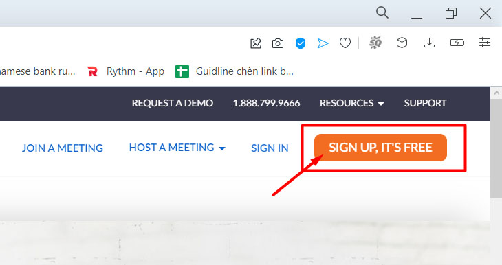 Hướng dẫn cài đặt và sử dụng Zoom họp trực tuyến trên điện thoại, PC > Chọn SIGN UP, IT'S FREE ở góc phải trên