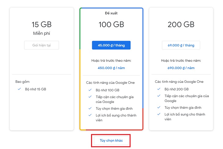 Các gói dung lượng của Google Drive