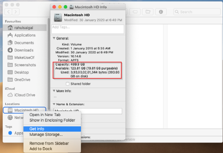 Nhấp chuột phải vào biểu tượng đĩa Macintosh HD trên thanh bên trái trong Finder và chọn Get Info