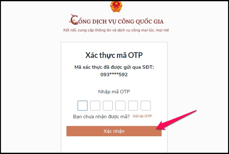 Nhập mã xác nhận OTP được DVCQG gửi đến số điện thoại mà bạn đăng kí