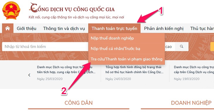 Chọn mục “Thanh toán trực tuyến” trên thanh tác vụ, rồi chọn tiếp “Tra cứu/thanh toán vi phạm giao thông”