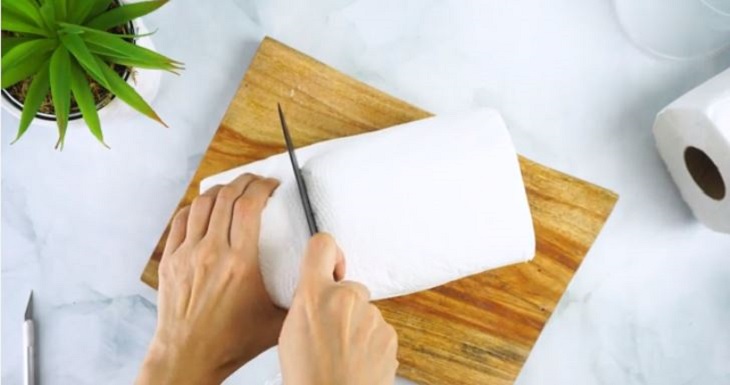 Cut the paper towel roll to fit the container, keeping the core