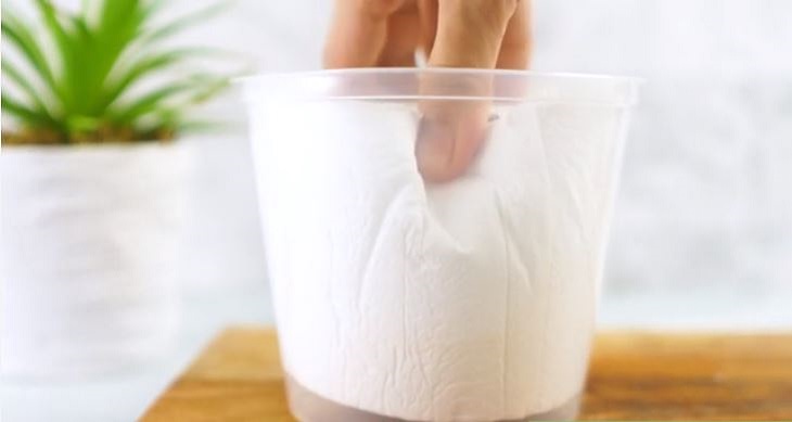 Place the cut paper towel roll inside the plastic container