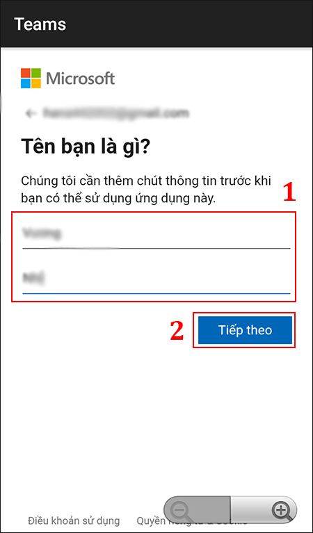 Bạn nhập Họ và Tên của mình vào màn hình và chọn Tiếp theo.