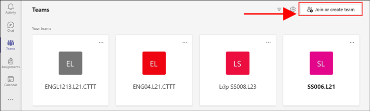Bạn vào Teams, sau đó bạn chọn Join or create team.