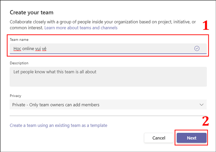 Bạn nhập Team name cho Team của bạn rồi bấm Next.