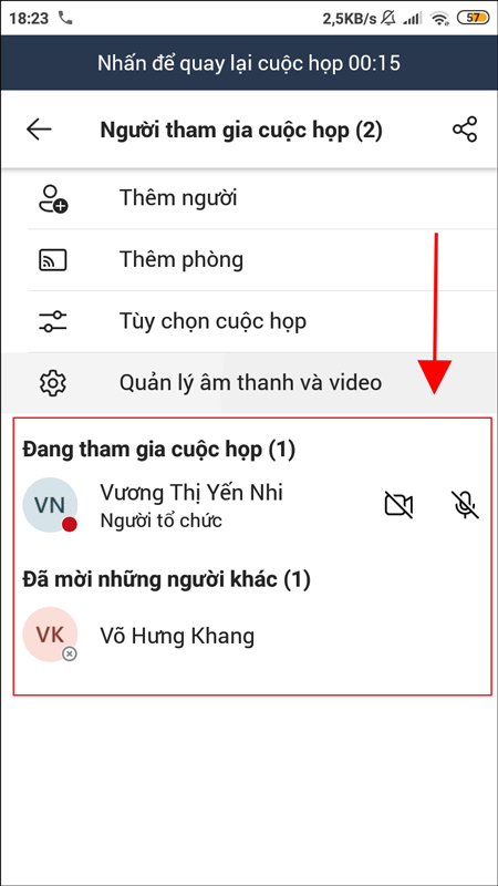 Sau khi chọn Tham gia ngay, hệ thống sẽ tự động tạo cuộc họp với tất cả thành viên trong nhóm như hình dưới đây.