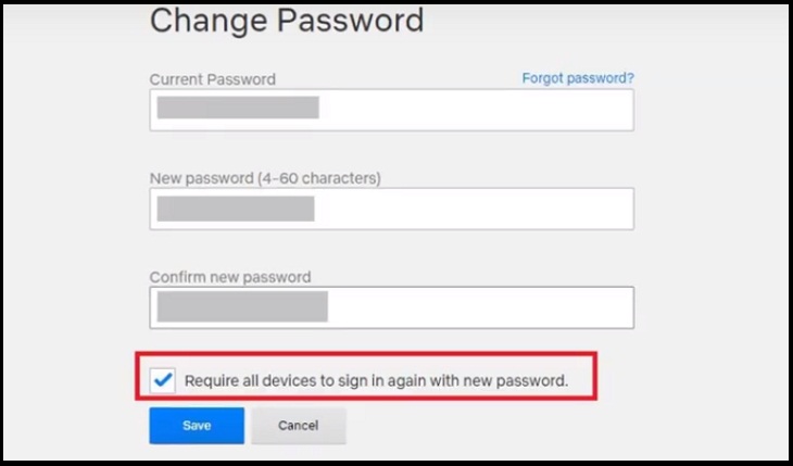 Hướng dẫn cách thay đổi mật khẩu Netflix đơn giản nhất > Tiến hành thay đổi mật khẩu, nhấp chọn vào ô Require all devices to sign in again with new password, bấm Save