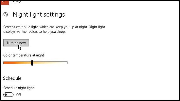 Cách hạn chế ánh sáng xanh trên các thiết bị điện tử giúp ngủ ngon hơn > Nhấp vào nút Turn on now để bật chế độ ánh sáng ban đêm