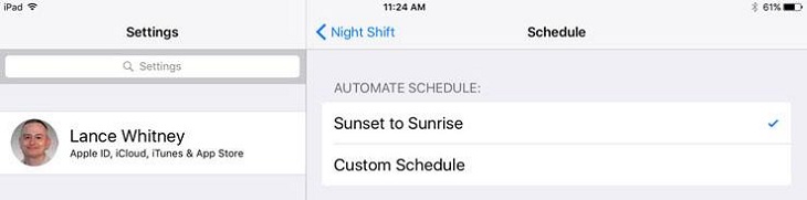 Cách hạn chế ánh sáng xanh trên các thiết bị điện tử giúp ngủ ngon hơn > Thiết lập Night Shift hoạt động từ Sunset to Sunrise