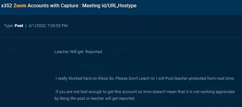 Ảnh chụp màn hình bài đăng chia sẻ dữ liệu tài khoản Zoom trên Dark Web Ảnh chụp màn hình bài đăng chia sẻ dữ liệu tài khoản Zoom trên Dark Web