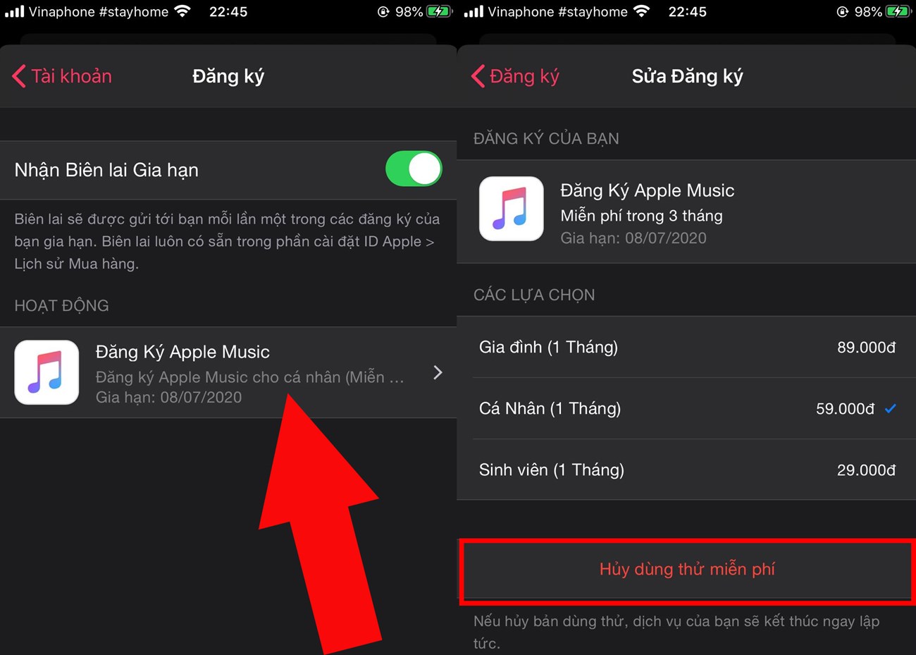 Hướng dẫn cách đăng ký Apple Music miễn phí trong 3 tháng cực dễ > Huỷ dùng thử miễn phí