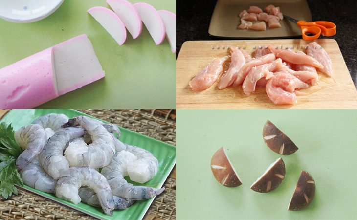 Bước 1 Sơ chế thịt gà, tôm, chả và nấm Shiitake Trứng hấp kiểu nhật Chawanmushi