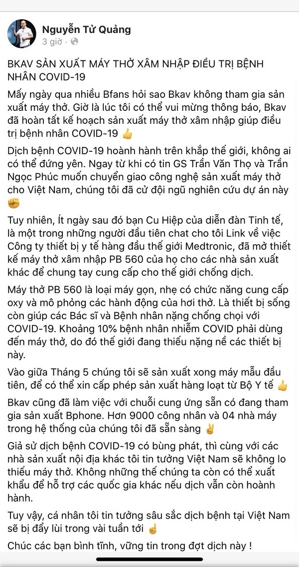 CEO Nguyễn Tử Quảng: Bkav sẽ sản xuất máy thở để điều trị bệnh nhân Covid-19 CEO Nguyễn Tử Quảng: Bkav sẽ sản xuất máy thở để điều trị bệnh nhân Covid-19