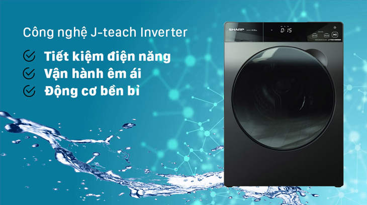 Máy giặt Sharp Inverter 10.5 Kg ES-FK1054SV-G được trang bị công nghệ J-teach Inverter tiết kiệm điện năng tối ưu, vận hành êm ái.