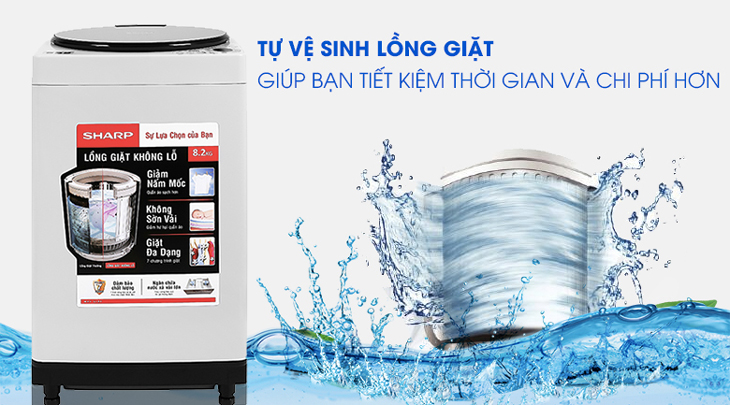 Máy giặt Sharp 8.2 kg ES-W82GV-H được trang bị tính năng tự vệ sinh lồng giặt giúp bạn tiết kiệm thời gian và chi phí vệ sinh.