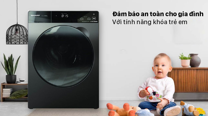 Máy giặt Sharp Inverter 12.5 Kg ES-FK1252SV-G được trang bị tính năng khóa trẻ em.