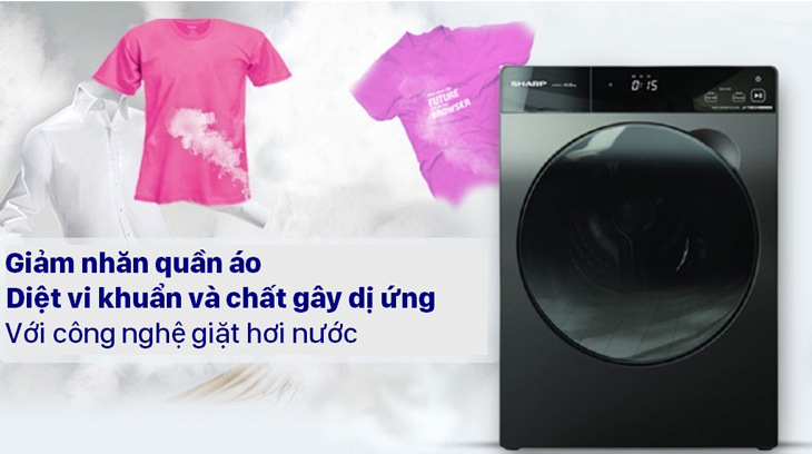 Máy giặt Sharp Inverter 12.5 Kg ES-FK1252SV-G được trang bị chế độ giặt hơi nước giúp tiêu diệt vi khuẩn, giảm nhăn quần áo.