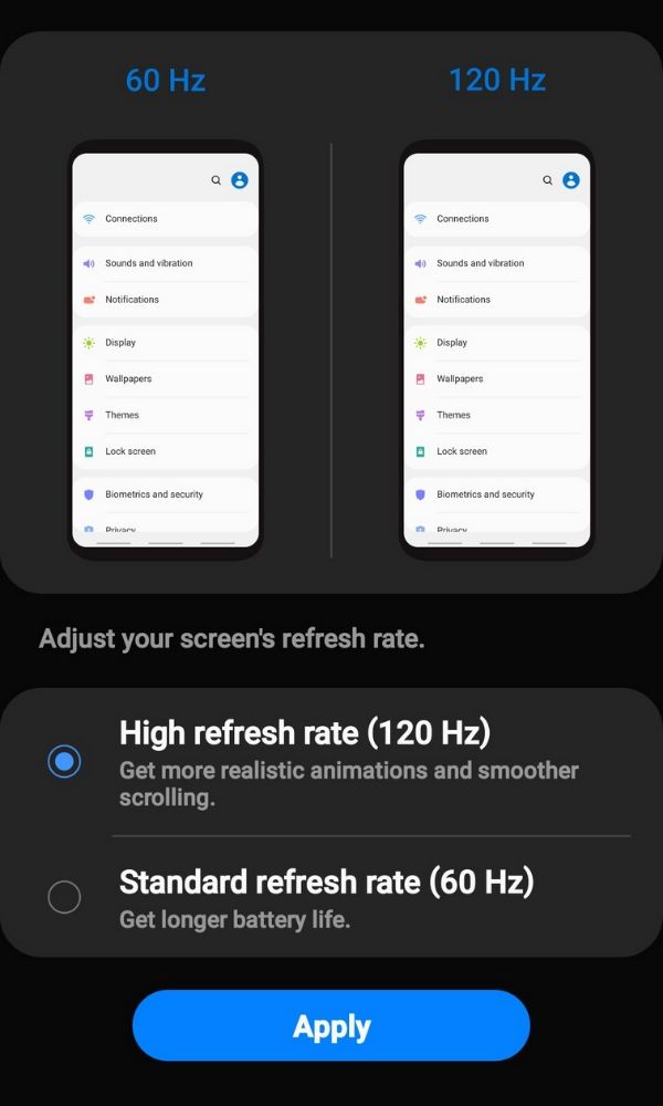 Tùy chọn tốc độ làm mới 120Hz