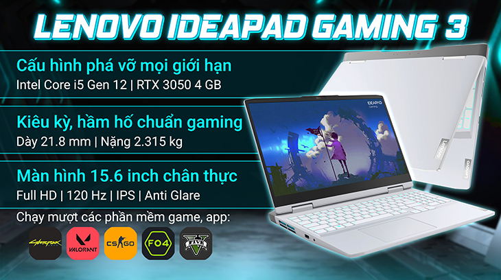 Laptop Lenovo Ideapad Gaming 3 15IAH7 i5 12500H sở hữu cấu hình mạnh mẽ với chip i5 12th.