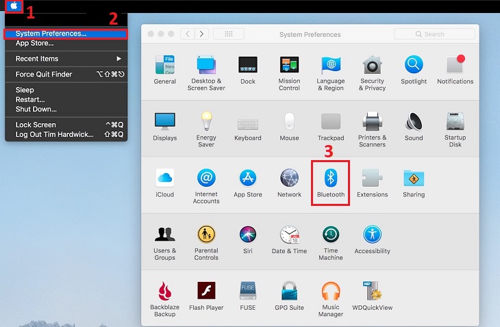 Chọn biểu tượng Apple ở góc trên bên trái > Chọn System Preferences > Nhấn chọn Bluetooth