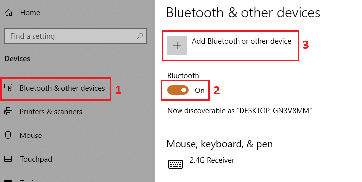 Bạn chọn Bluetooth & other devices > Bật Bluetooth > Chọn Add Bluetooth or other device