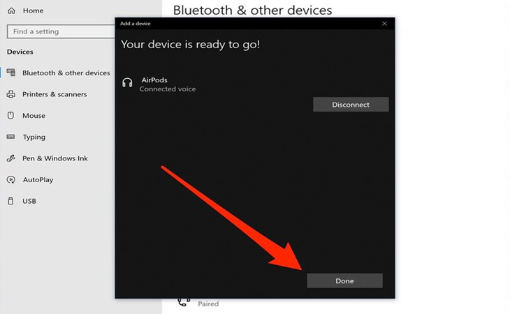 Sau khi hoàn tất thiết lập Bluetooth, nhấn vào Done và đóng cửa sổ Cài đặt.