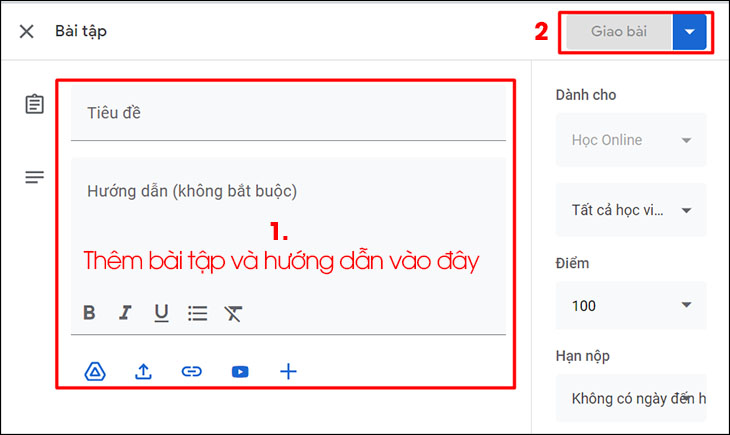 Sau khi cập nhật các tùy chọn, nội dung của bài tập, click Giao bài để chuyển bài tập này đến học sin