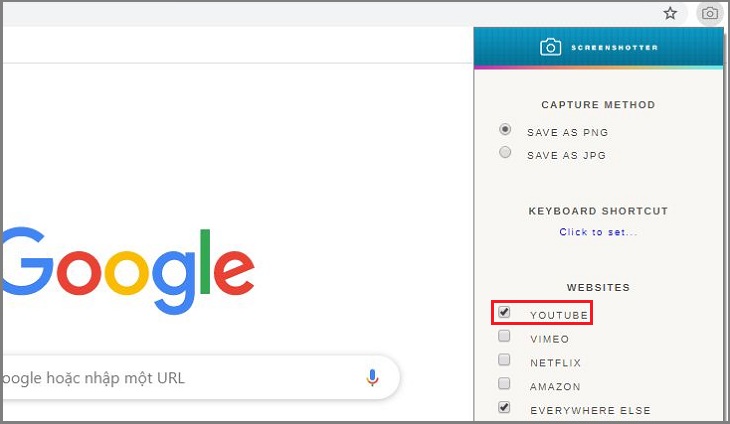 Nhấn vào biểu tượng của tiện ích Video Screenshotter, chọn YouTube