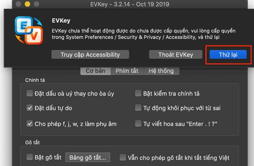 Cách khắc phục lỗi mất chữ, nhảy ký tự khi gõ tiếng Việt trên MacBook đơn giản, nhanh chóng > nhấn thử lại