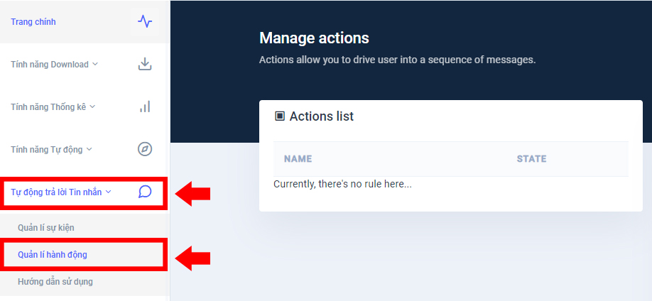 Chọn vào mục Tự động trả lời tin nhắn > Quản lí hành động