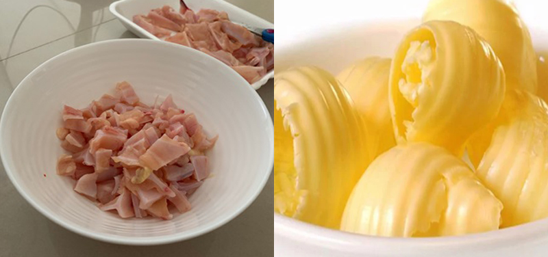 Nguyên liệu món ăn sụn gà chiên giòn sốt bơ tỏi, phô mai và trứng muối