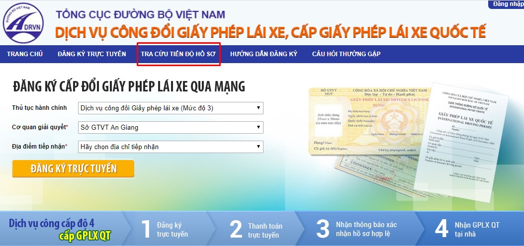 Cách đổi giấy phép lái xe online tại nhà do Tổng Cục đường bộ cấp chưa tới 5 phút > Tra cứu tiến độ hồ sơ.