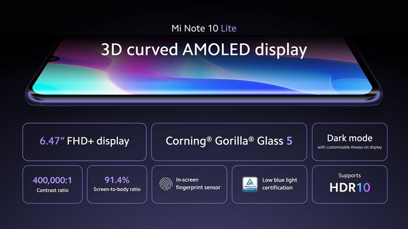 Mi Note 10 Lite sở hữu màn hình AMOLED cong 6.47 inch
