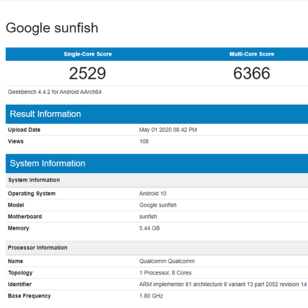 Pixel 4a trên Geekbench