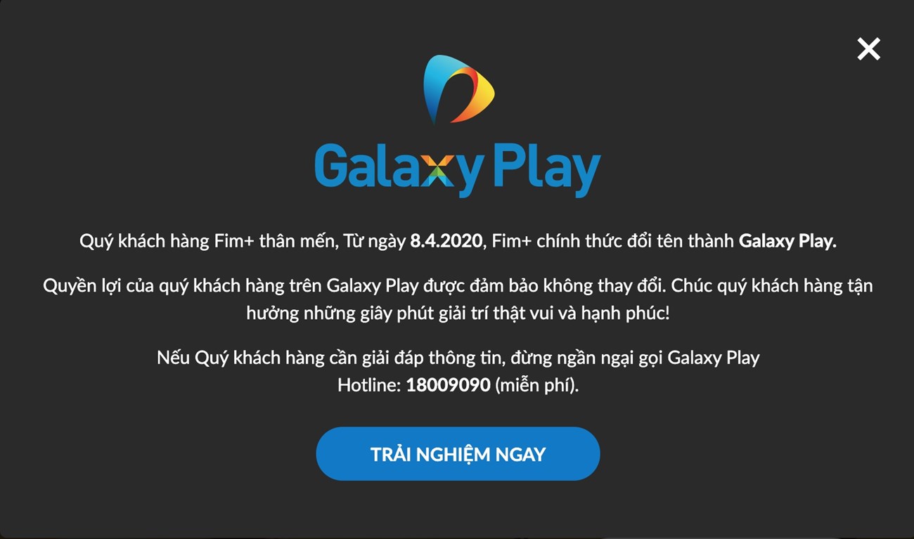 Thông báo: Dịch vụ xem phim online Fim+ đổi tên thành Galaxy Play