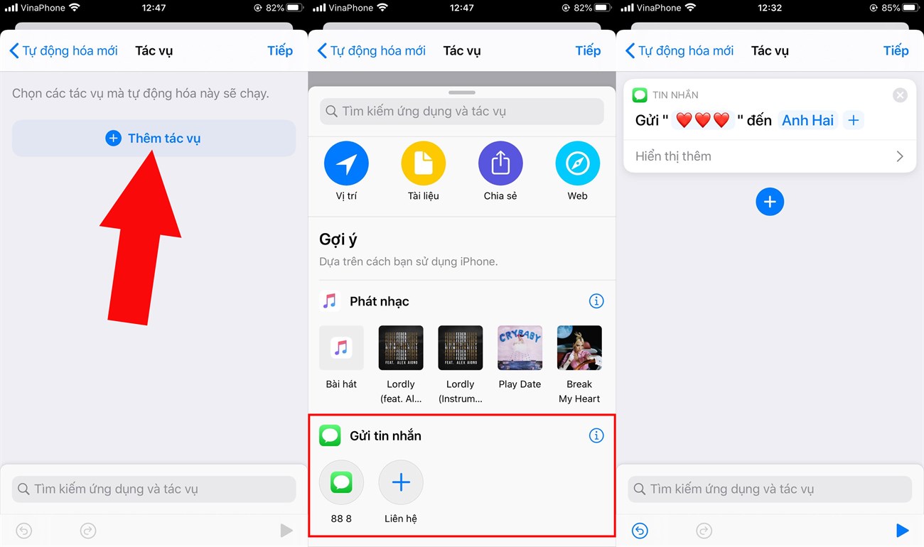 3 cách hẹn giờ gửi tin nhắn bằng Siri shortcut trên iPhone đơn giản, nhanh chóng > chọn tác vụ
