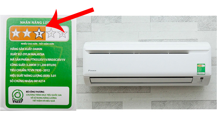 Khi mua máy lạnh, hãy chú ý đến nhãn năng lượng màu xanh lá, nếu số sao càng cao thì càng tiết kiệm điện.