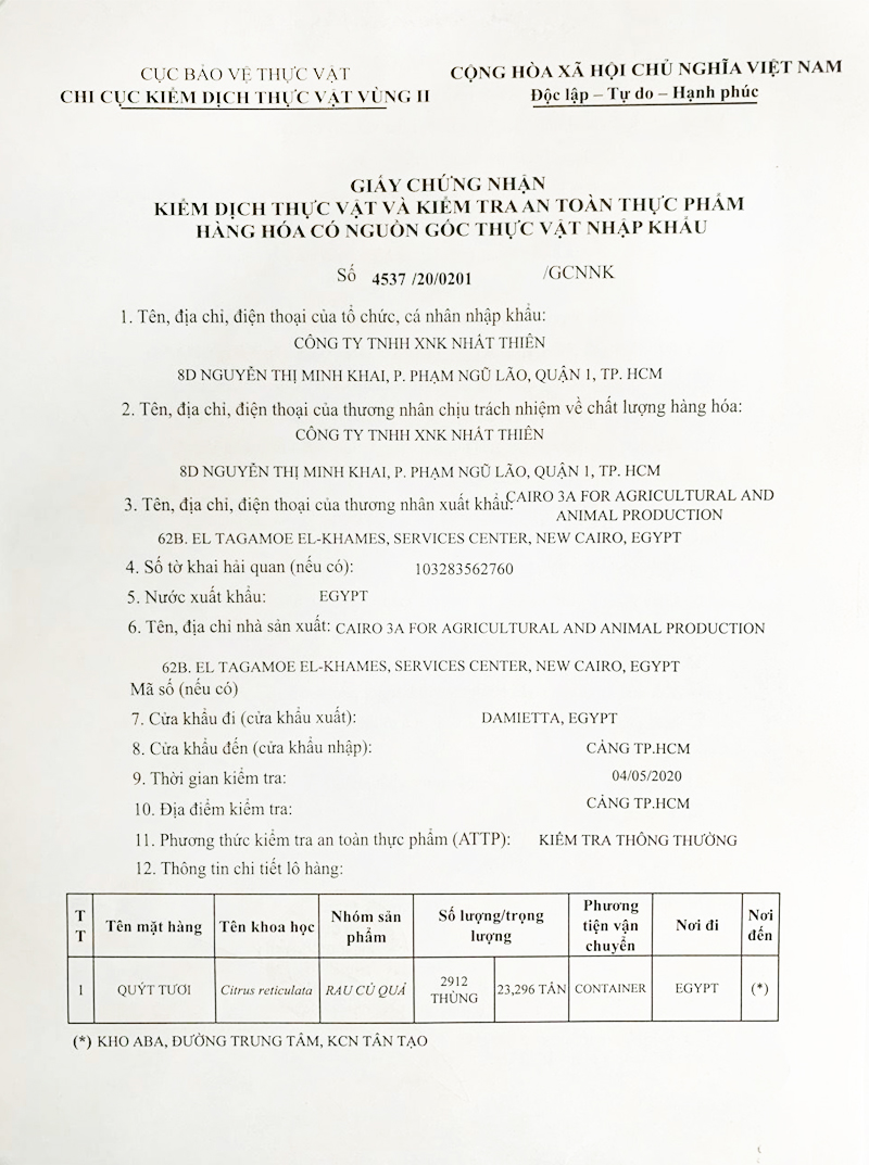 giấy chứng nhận quýt Ai Cập