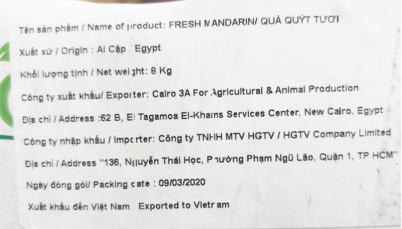 giấy chứng nhận quýt Ai Cập