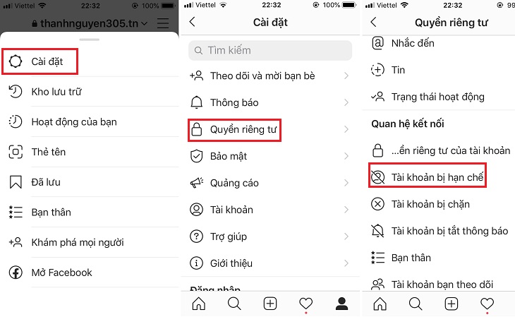 Hướng dẫn 4 cách hạn chế người dùng trên Instagram không cần unfollow, chặn tài khoản đơn giản nhất > Chọn Cài đặt > Quyền riêng tư > Tài khoản bị hạn chế