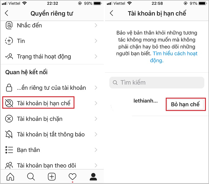 Hướng dẫn 4 cách hạn chế người dùng trên Instagram không cần unfollow, chặn tài khoản đơn giản nhất > Chọn Tài khoản bị hạn chế > tìm tài khoản cần bỏ hạn chế rồi tiếp tục chọn Bỏ hạn chế.